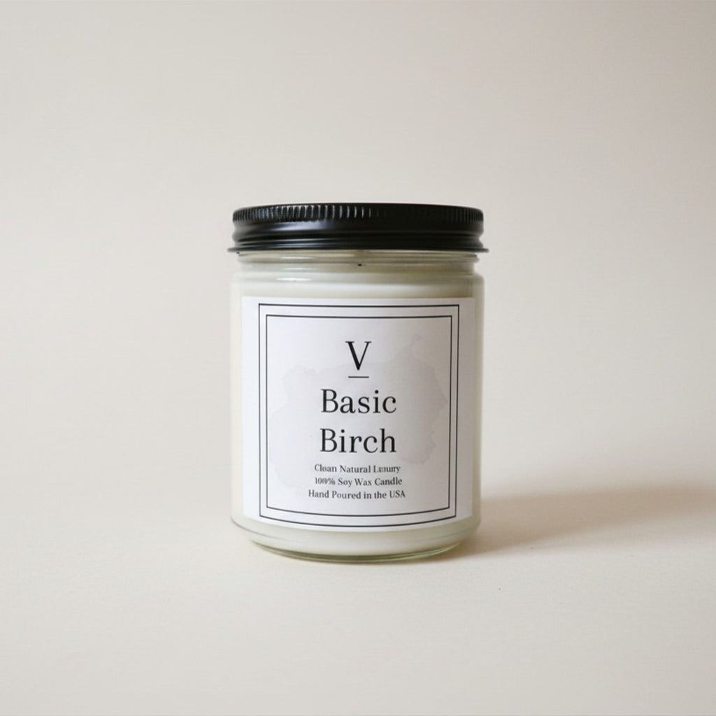 Basic Birch clean soy candle in minimalist glass jar
