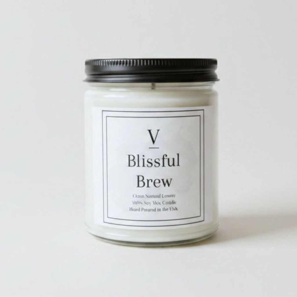 Blissful Brew clean soy coffee candle in minimalist glass jar