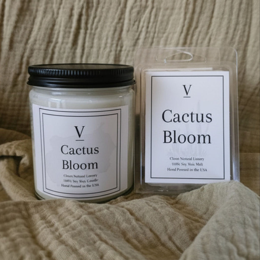 Cactus Bloom clean soy candle in minimalist glass jar and wax melt in sleek giftable clamshell