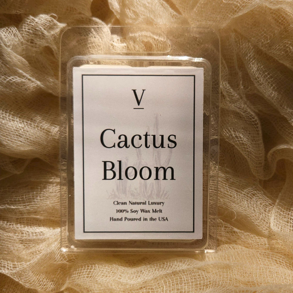 Luxury botanical wax melt aesthetic inspired by desert flowers and warm sunlight