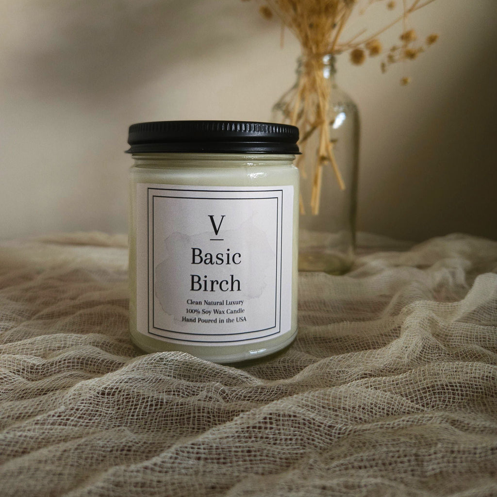 Luxury birch candle aesthetic with clean wood forest air fragrance
