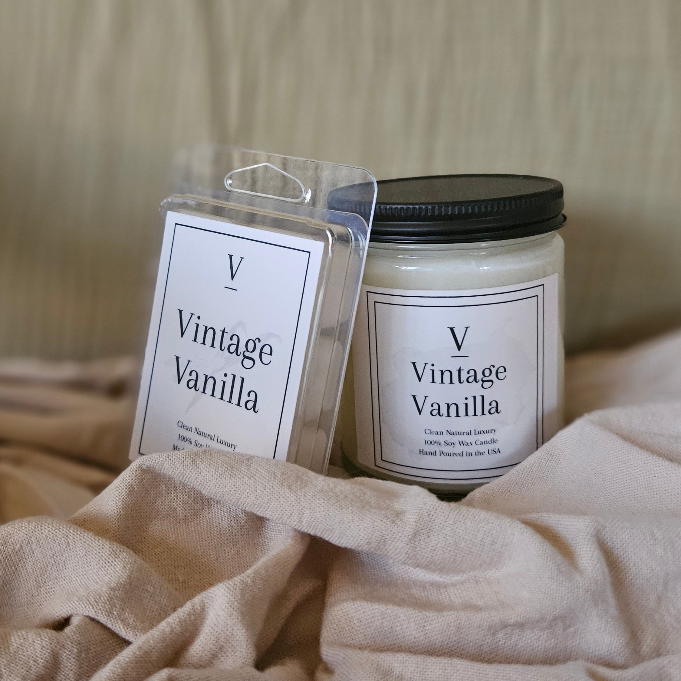 Vintage Vanilla clean soy candle in glass jar
Warm vanilla luxury candle burning cozy aesthetic
Hand poured vanilla candle minimalist design
Hand poured wax melt minimalist design